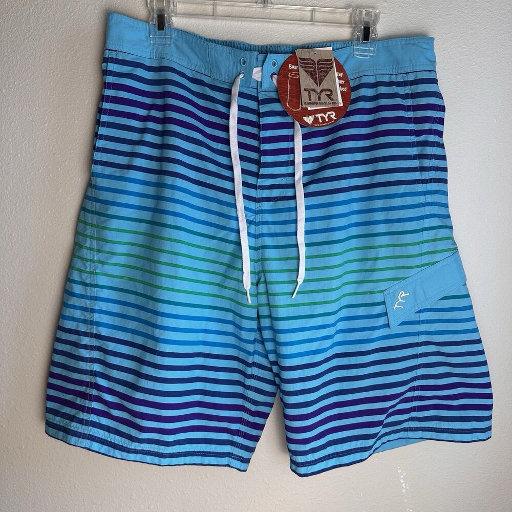 TYR Springsdale Boardshorts XL NWT Blue Green Purple Striped Men's Swim Trunks
